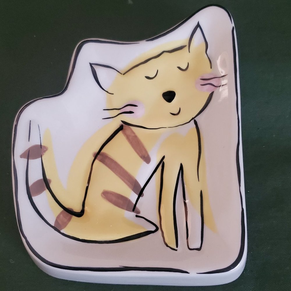 Jenny Faw Striped Yellow Kitty Cat Soap Dish Trinket Tray Soap Sponge